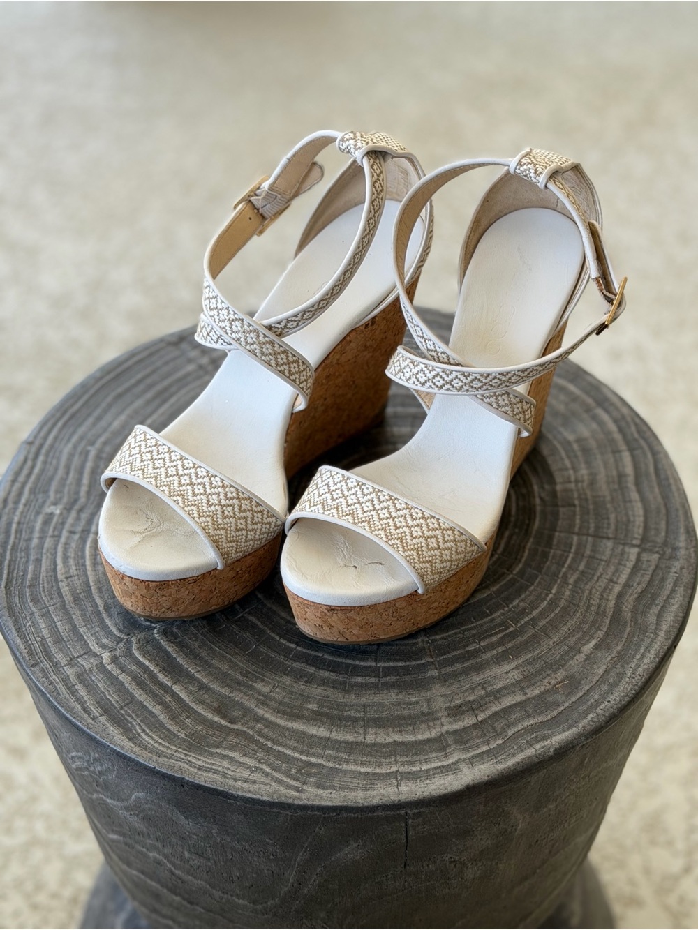 Jimmy Choo Beige Patterned Cork Wedge Sandals